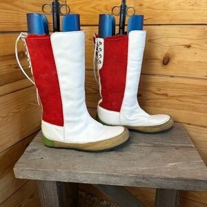Vintage Designer Red White Knee High boot Women 9 Portugal Suede Leather Merino